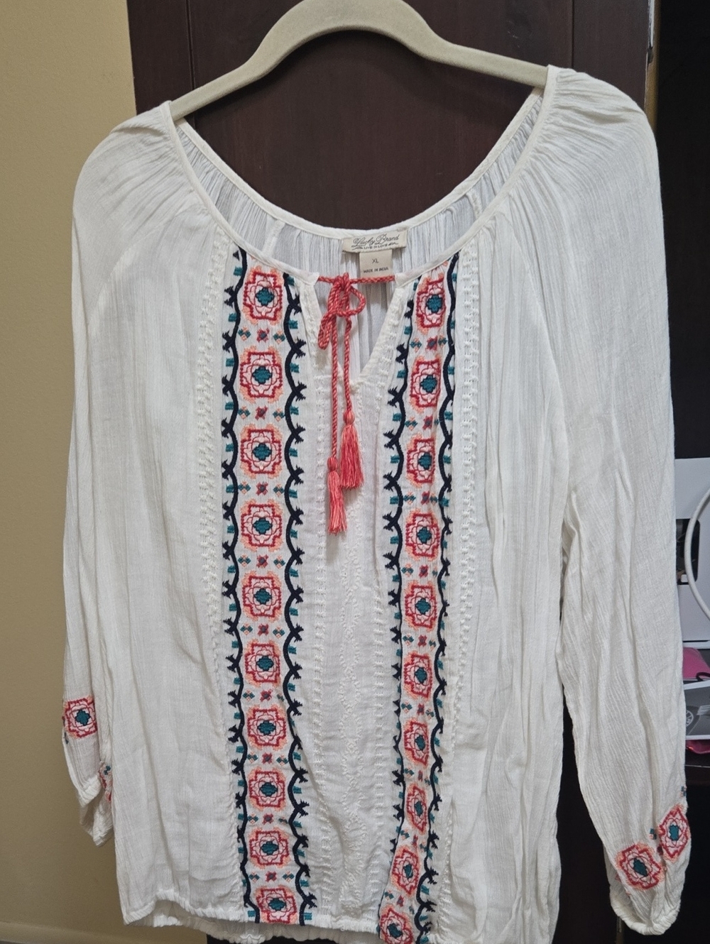 Lucky Brand White Peasant Tunic with Coral & Navy Embroidery